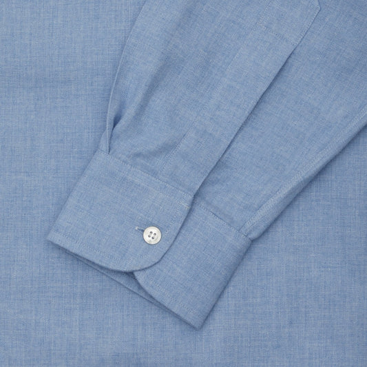 Tailored Fit Plain Brushed Cotton Button Cuff Shirt in Blue Cuff