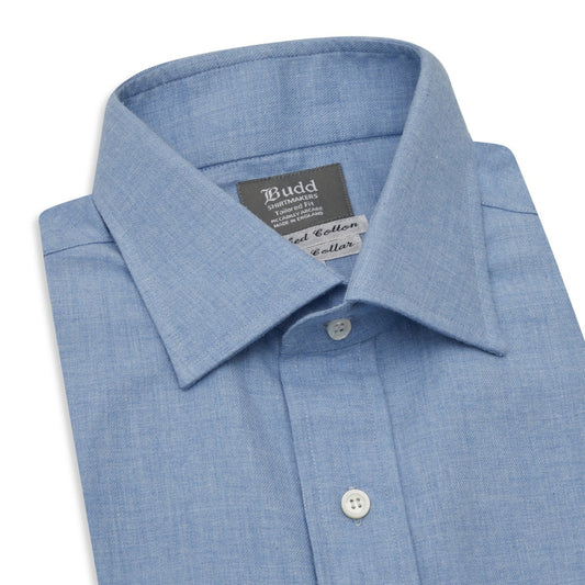 Tailored Fit Plain Brushed Cotton Button Cuff Shirt in Blue Collar