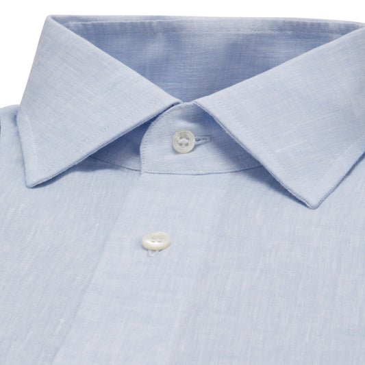 Tailored Fit Bank Collar Linen Double Cuff Shirt in Sky collar