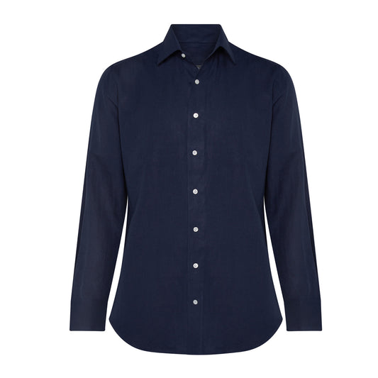 Tailored Fit Bank Collar Linen Double Cuff Shirt in Navy 