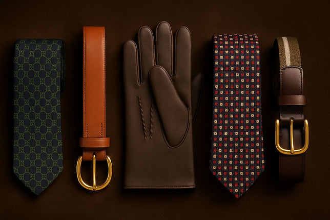 Selection of belts, ties and gloves laid out on a dark background