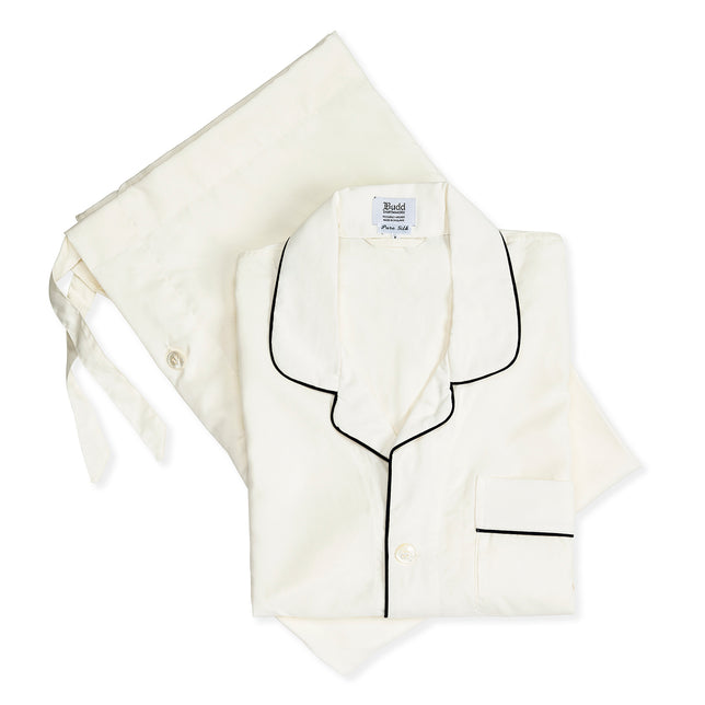Men's cream spun silk pyjamas with navy piping 