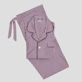 Luxury burgundy striped cotton poplin pyjamas with piped edges and mother of pearl buttons, made in London.