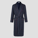 Navy checkered robe with red piping on a white background