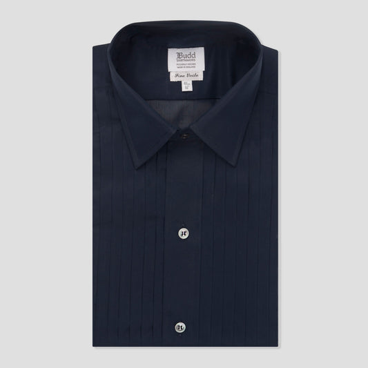 Classic Fit Hand Pleated Voile Double Cuff Dress Shirt in Navy
