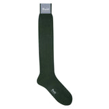 Dark green plain cotton long socks, three-quarter length, with a ribbed texture and Budd label.