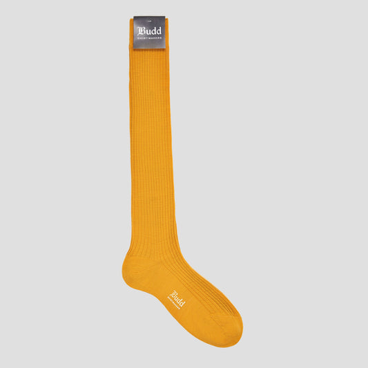 Wool Long Socks in Ocre on plain grey background
