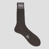 A single dark brown ribbed crew sock with white printed branding, shown against a solid light gray background.