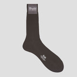 Brown cotton short socks with grey label and white text saying Budd Shirtmakers