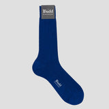A single royal blue ribbed crew sock with a dark gray brand tag at the cuff and white 'Budd Shirtmakers' branding printed on the side, shown against a light gray background.