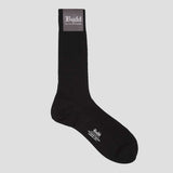 A single black crew sock with white printed branding and a gray cuff label, shown on a light gray background.