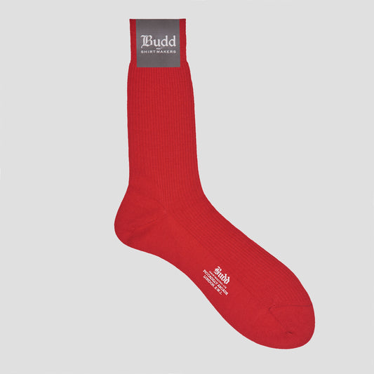 A single red ribbed crew sock with a gray brand label at the cuff and white printed branding near the toe, shown on a light gray background.