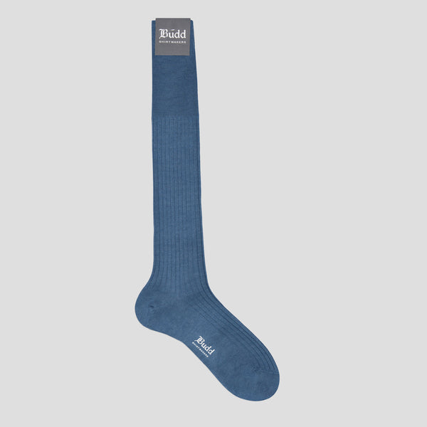 Luxurious ribbed slate blue long socks in a soft cashmere and silk blend with a secure extended cuff.