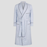 Exclusive Budd Stripe Cotton Dressing Gown in Sky Blue on plain grey background