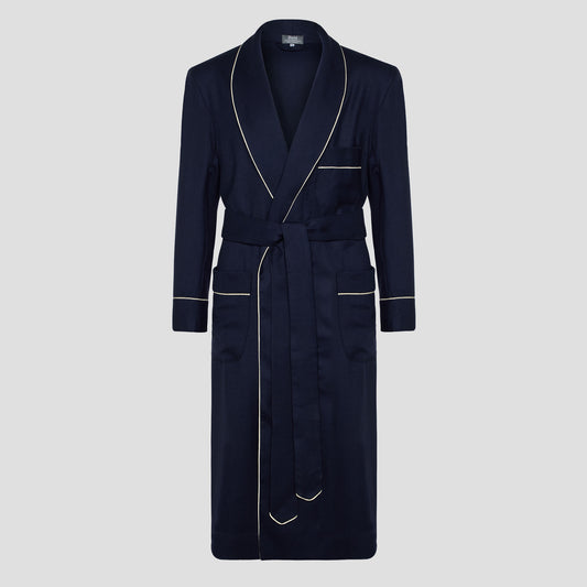 Plain Wool Dressing Gown in Navy and Cream