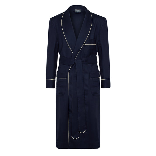 Plain Wool Dressing Gown in Navy and Cream