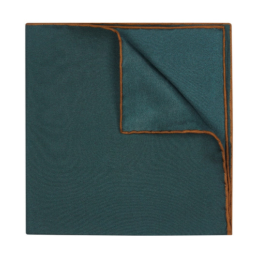 Plain Silk Pocket Square with Contrast Edge in Bottle Green and Brown