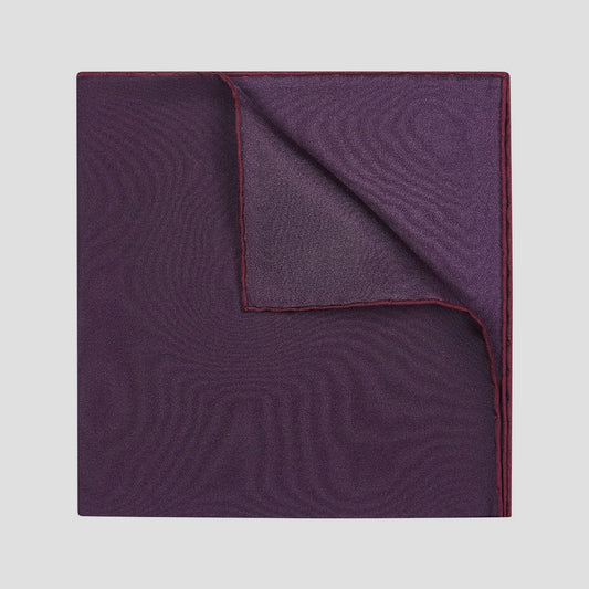 Plain Silk Pocket Square with Contrast Edge in Wine and Plum on plain grey background