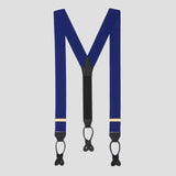 Cornflower blue silk barathea braces with black leather button ends and polished brass fittings.