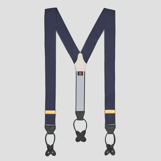 Midnight blue barathea braces with leather button-on ends, gold-tone adjusters, and a white leather back patch.