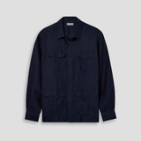 Navy jacket with multiple pockets on a light gray background