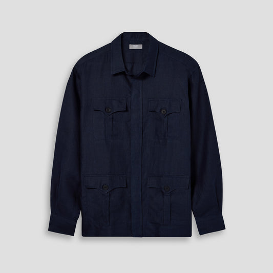 Navy jacket with multiple pockets on a light gray background