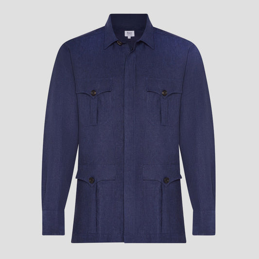 Plain Linen Button Cuff Safari Shirt in Navy