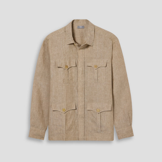 Beige shirt with button details on a light gray background