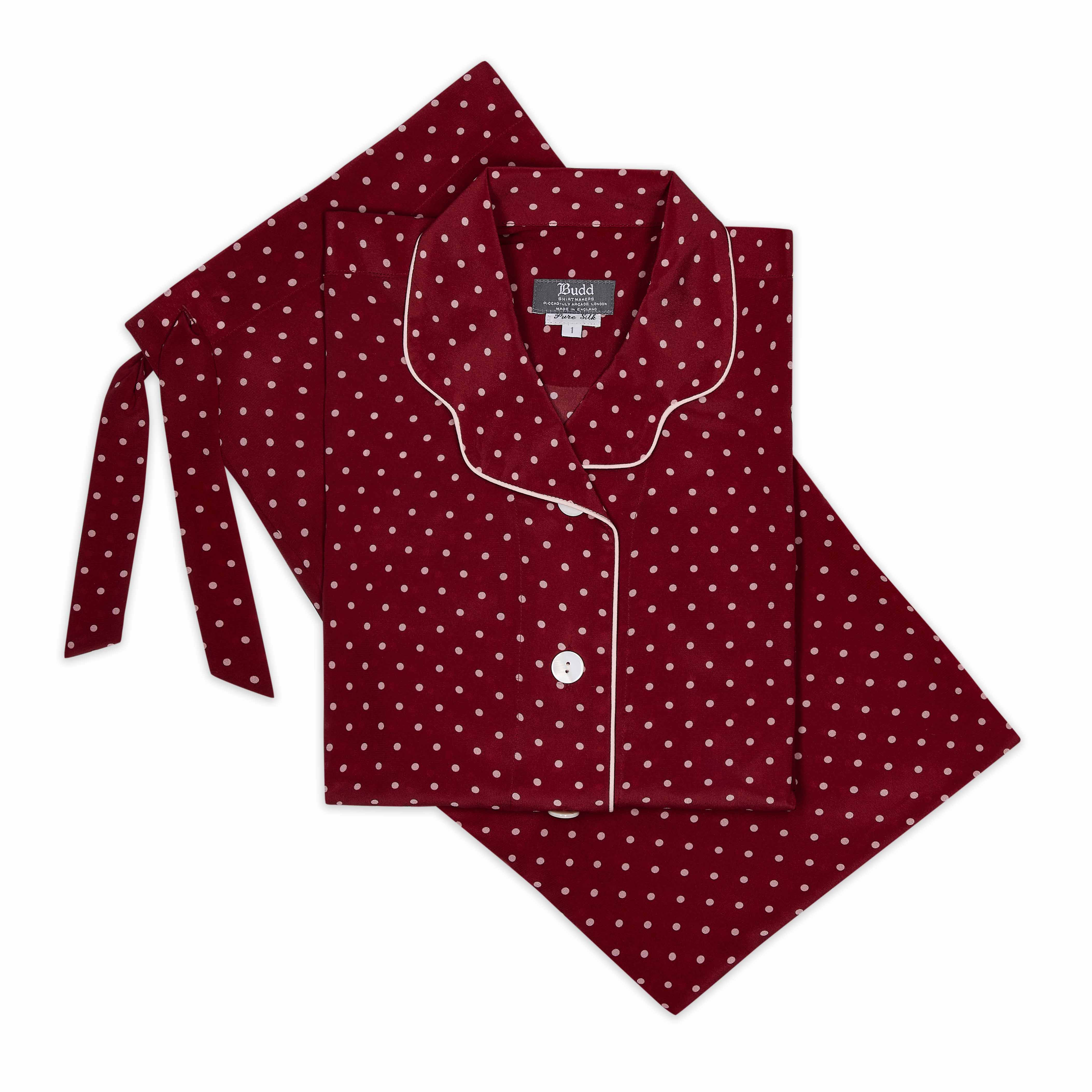 Polka Dot Silk Crepe De Chine Women s Pyjamas in Ruby Budd London