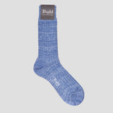A single heathered blue ribbed knit sock with a dark gray brand tag at the cuff and white 'Budd' branding on the foot, shown against a solid light gray background.