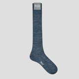 Handmade denim blue long linen socks with a ribbed texture, perfect for breathable summer comfort.