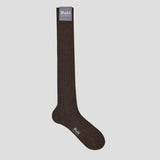 Luxurious chocolate brown ribbed cashmere long socks with reinforced heel and toe, featuring Budd Shirtmakers branding.