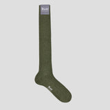 Luxurious sage green ribbed cashmere long socks with reinforced heel and toe, featuring the Budd Shirtmakers logo.