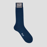 A single dark navy blue ribbed crew sock with a gray brand tag at the cuff and white 'Budd' branding printed near the foot, shown on a light gray background.