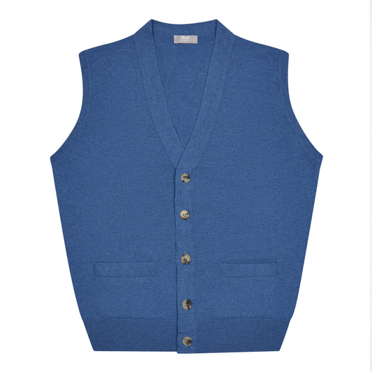 Wilton Scottish Cashmere Sleeveless Cardigan in Coast Blue