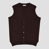 Brown knitted waistcoat vest slipover with brown buttons on a plain grey background