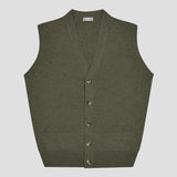 An olive green knit cardigan vest with a V-neck, button closure, and front pockets, shown flat on a light gray background.