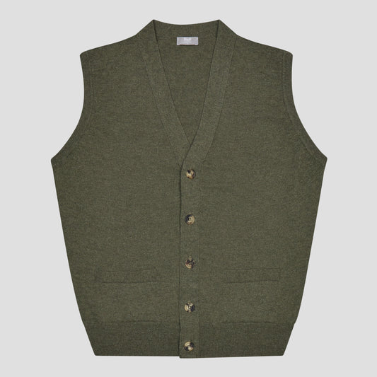 An olive green knit cardigan vest with a V-neck, button closure, and front pockets, shown flat on a light gray background.