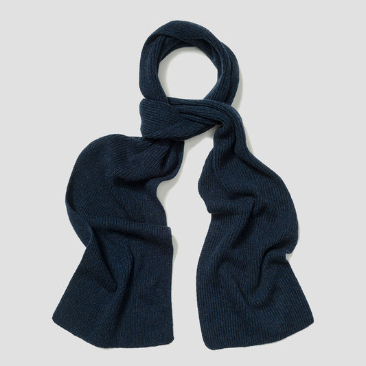 A dark navy blue ribbed knit scarf, styled in a loop at the top, laid flat against a light gray background.