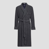 A dark gray wool-blend bathrobe with a shawl collar, matching waist tie belt, and front patch pocket, shown on a light gray background.