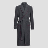 A dark gray wool-blend bathrobe with a matching waist tie belt and red piping trim, shown on a neutral light gray background.