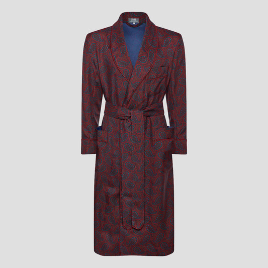 Ornate Paisley Madder Silk Dressing Gown in Red and Wine