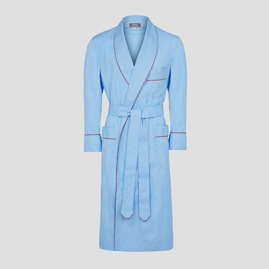 Plain Cotton Poplin Dressing Gown in Blue with Red Trim