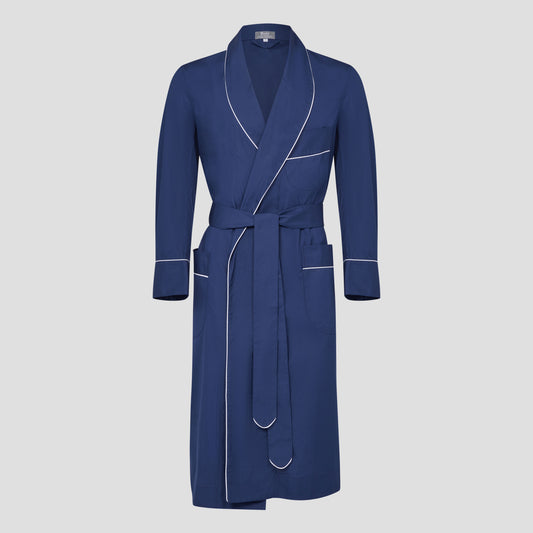 Plain Cotton Poplin Dressing Gown in Navy with White Trim