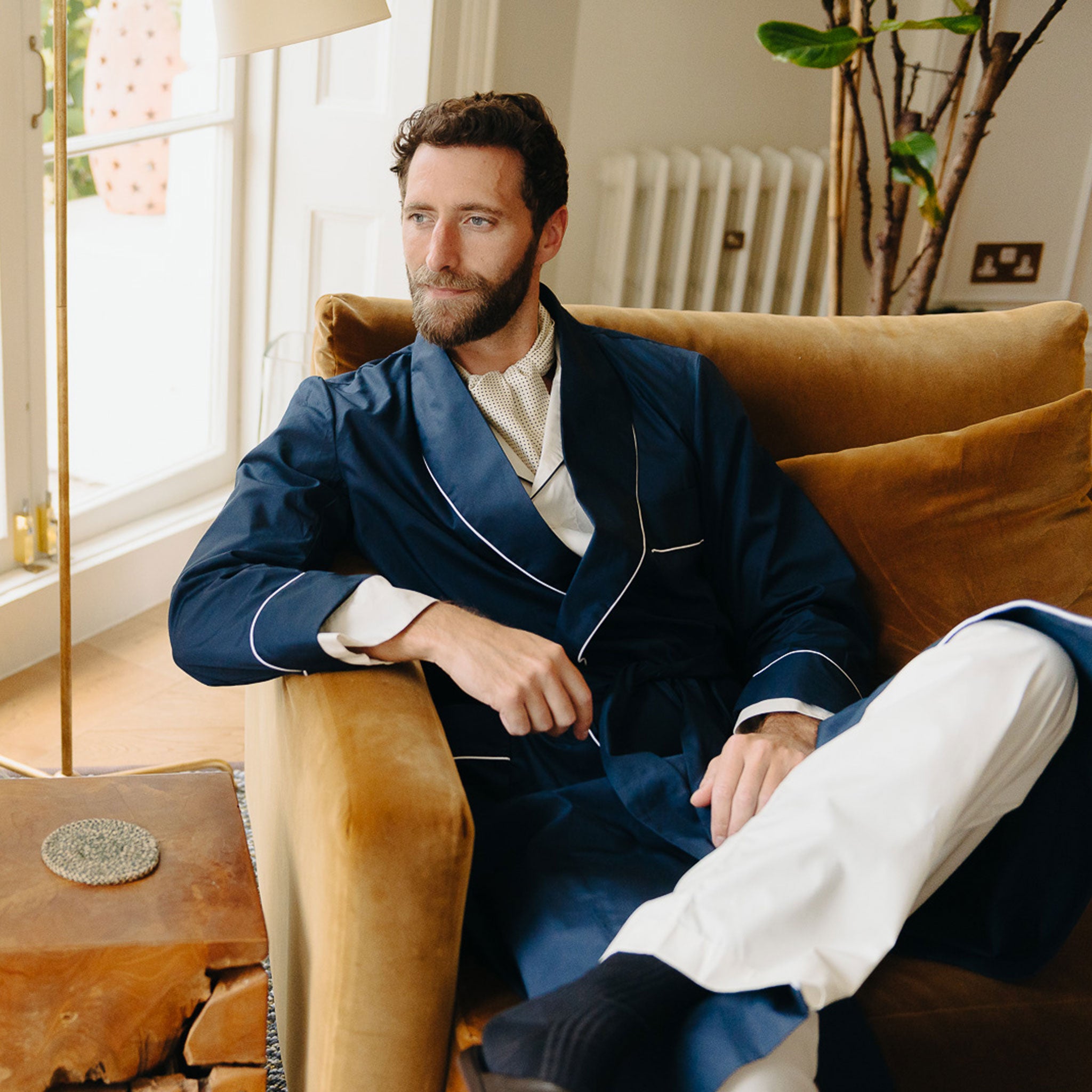 Plain Cotton Poplin Dressing Gown in Navy with White Trim Budd London