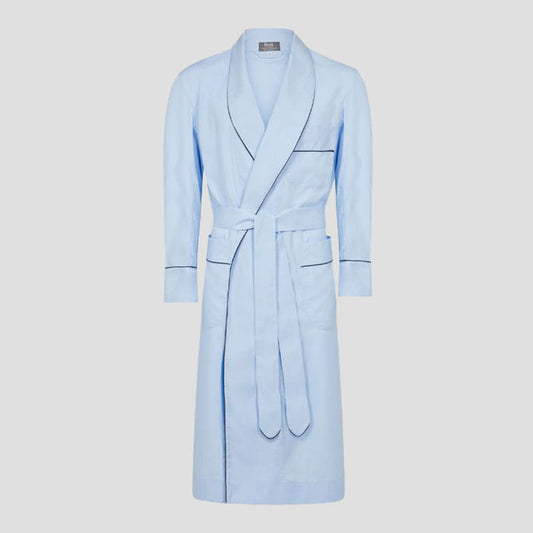 Plain Cotton Poplin Dressing Gown in Sky with Navy Trim