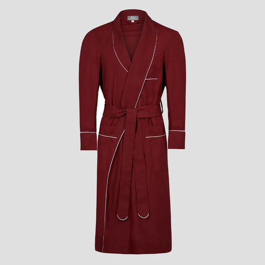 Plain Cotton Poplin Dressing Gown in Wine with White Trim