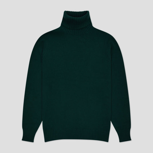 Green cashmere roll neck sweater on plain grey background
