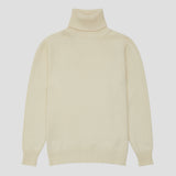 A cream-colored knit turtleneck sweater with long sleeves, ribbed collar, cuffs, and hem, displayed against a light gray background.