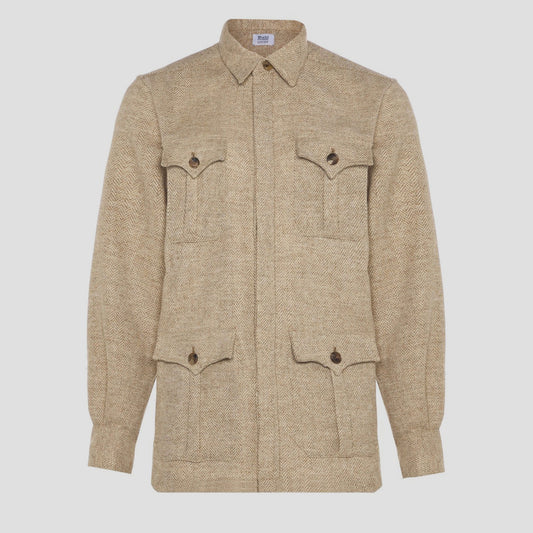 Herringbone Wool Tweed Button Cuff Safari Shirt in Natural